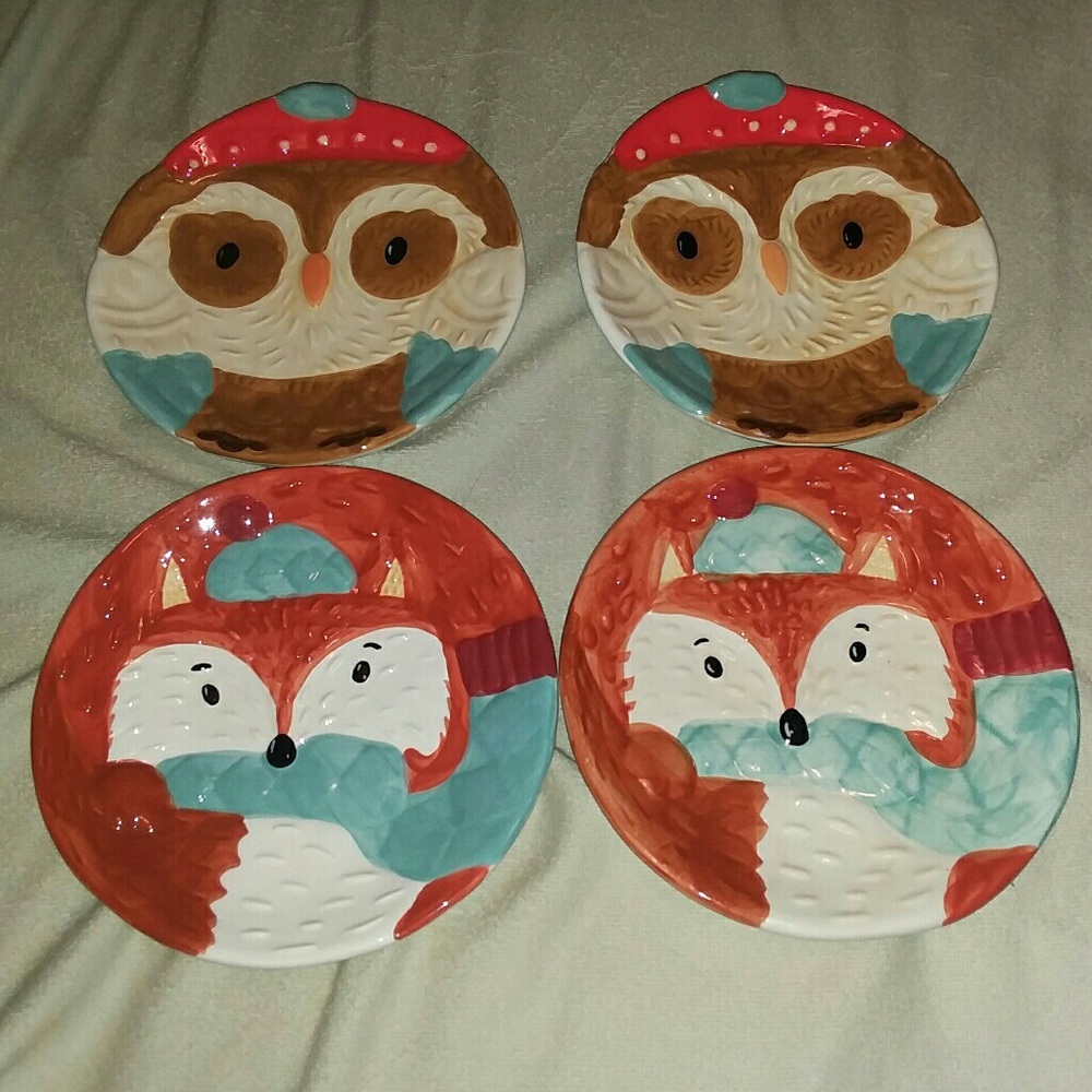 Set of 4 Owl & Fox Glass Salad Plates 3D NEW